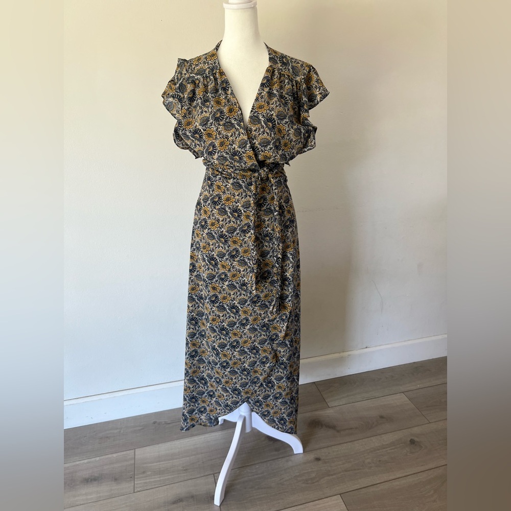 MISA Los Angeles Carolina Dress Floral Short Flutter Sleeve True Wrap Midi Dress